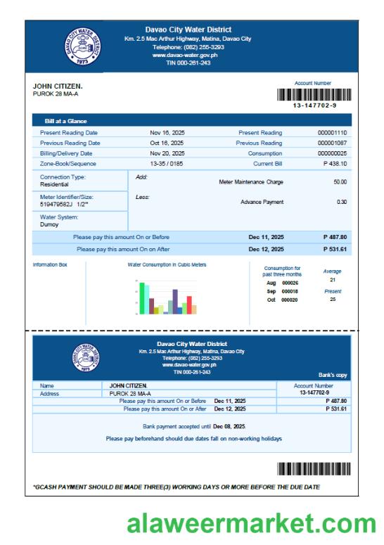 Philippines Davao City Water District utility bill template in Word and PDF formats
